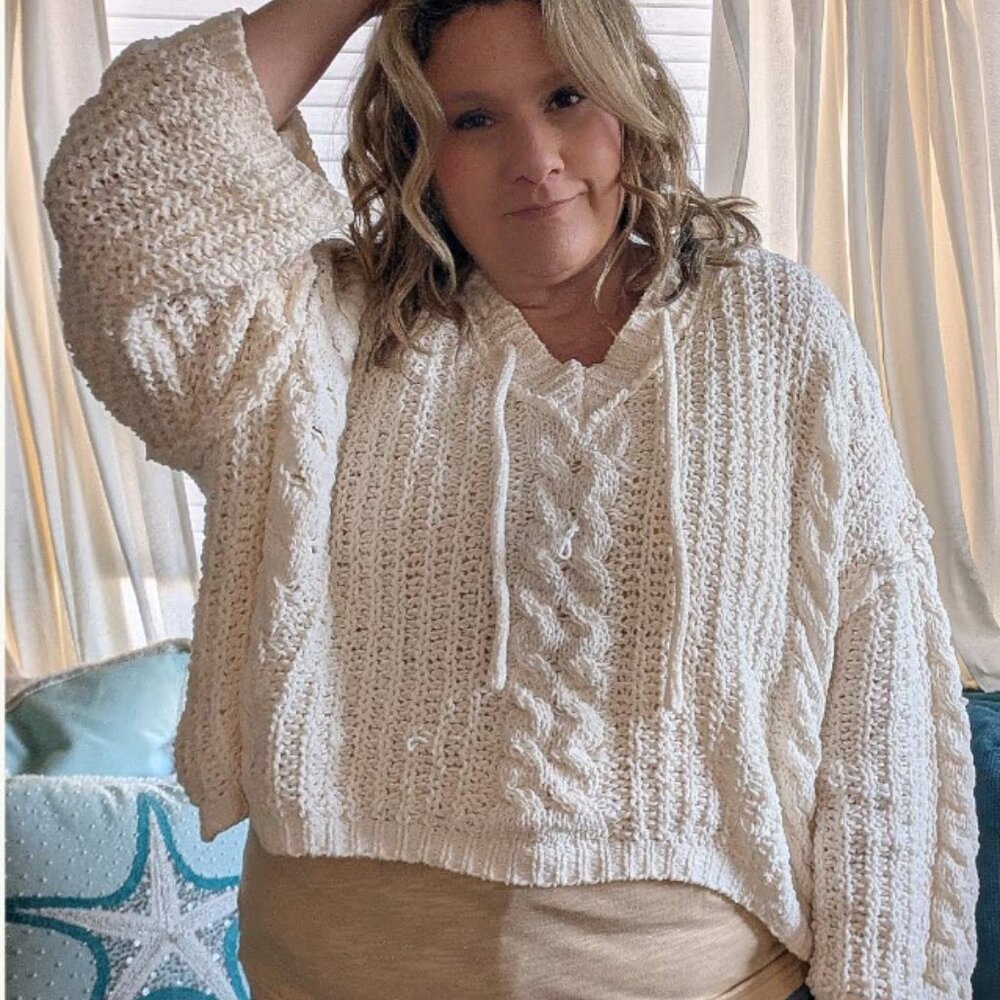 Super Soft White Crop Bell Sleeve Knit Sweater with Hoodie